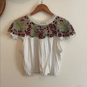 Free People Embroidered Floral White Top